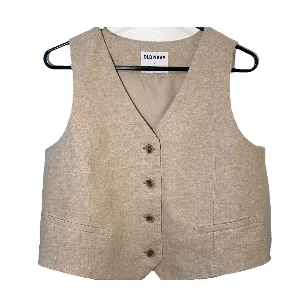 Old Navy Linen Blend Vest M Beige Button Front Tailored